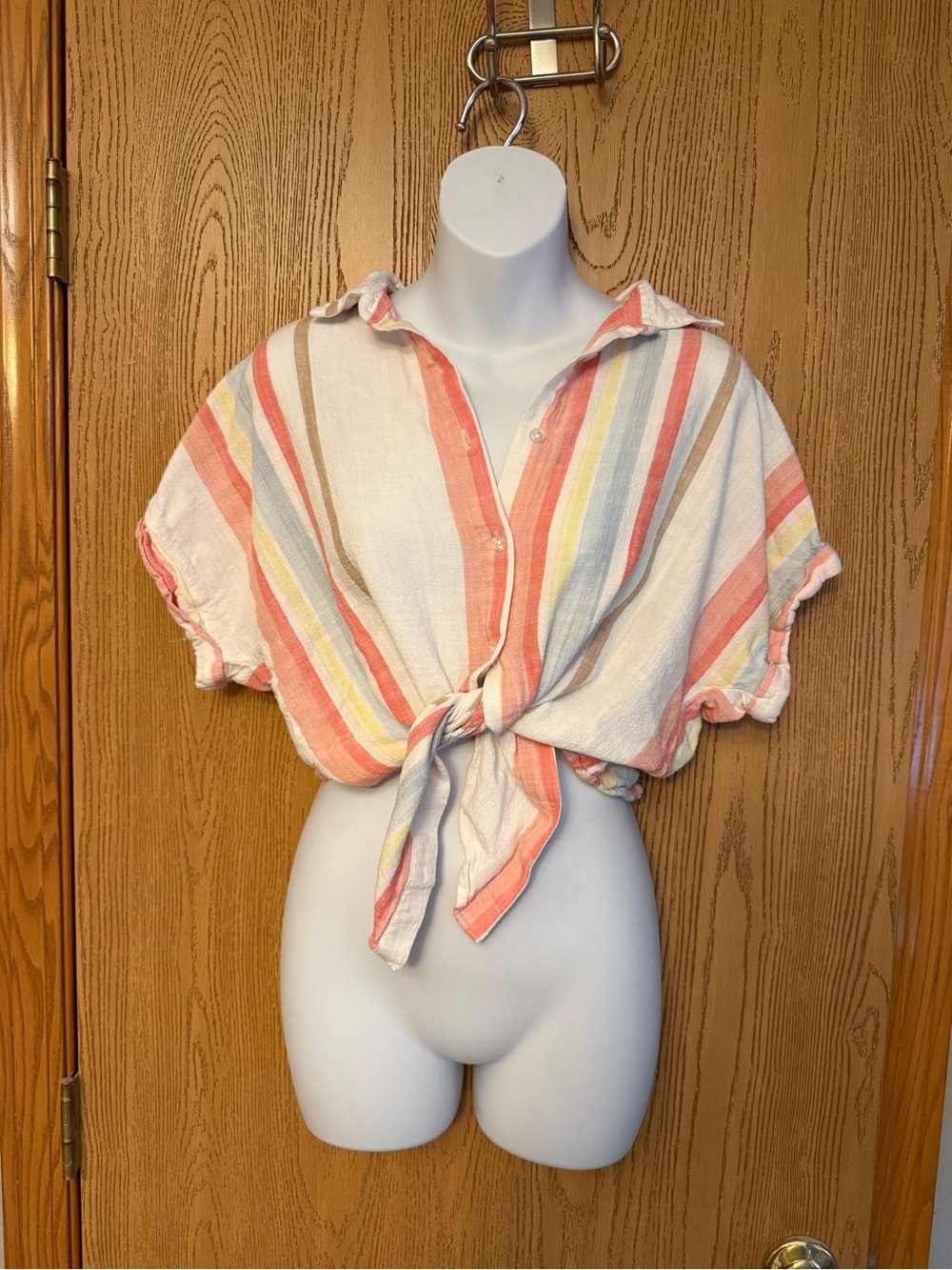 miami Striped Tie-Front Button Blouse in Coral, Yellow & Blue